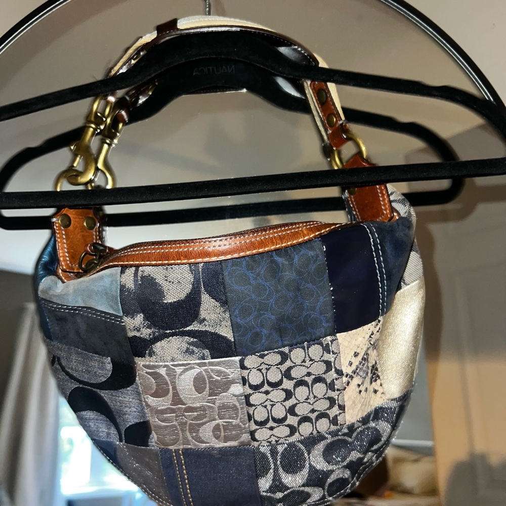 Rare Authentic Vintage Coach Snakeskin & Denim Patchwork Shoulder Bag - Picture 2 of 3